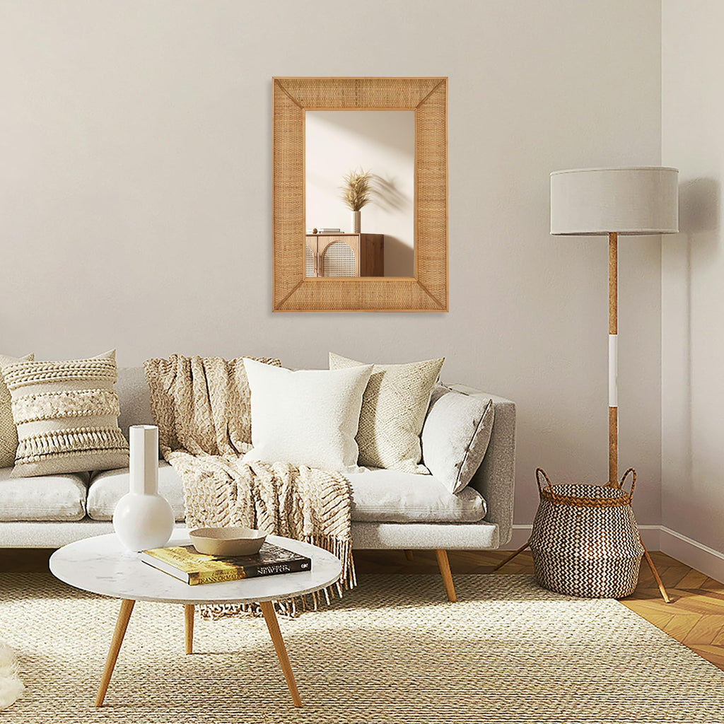 Boho Rattan Wall Mirror Wooden Framed Rectangle Mirror Rattan Decorative Farmhouse Hanging Mirror Vanity Entryway