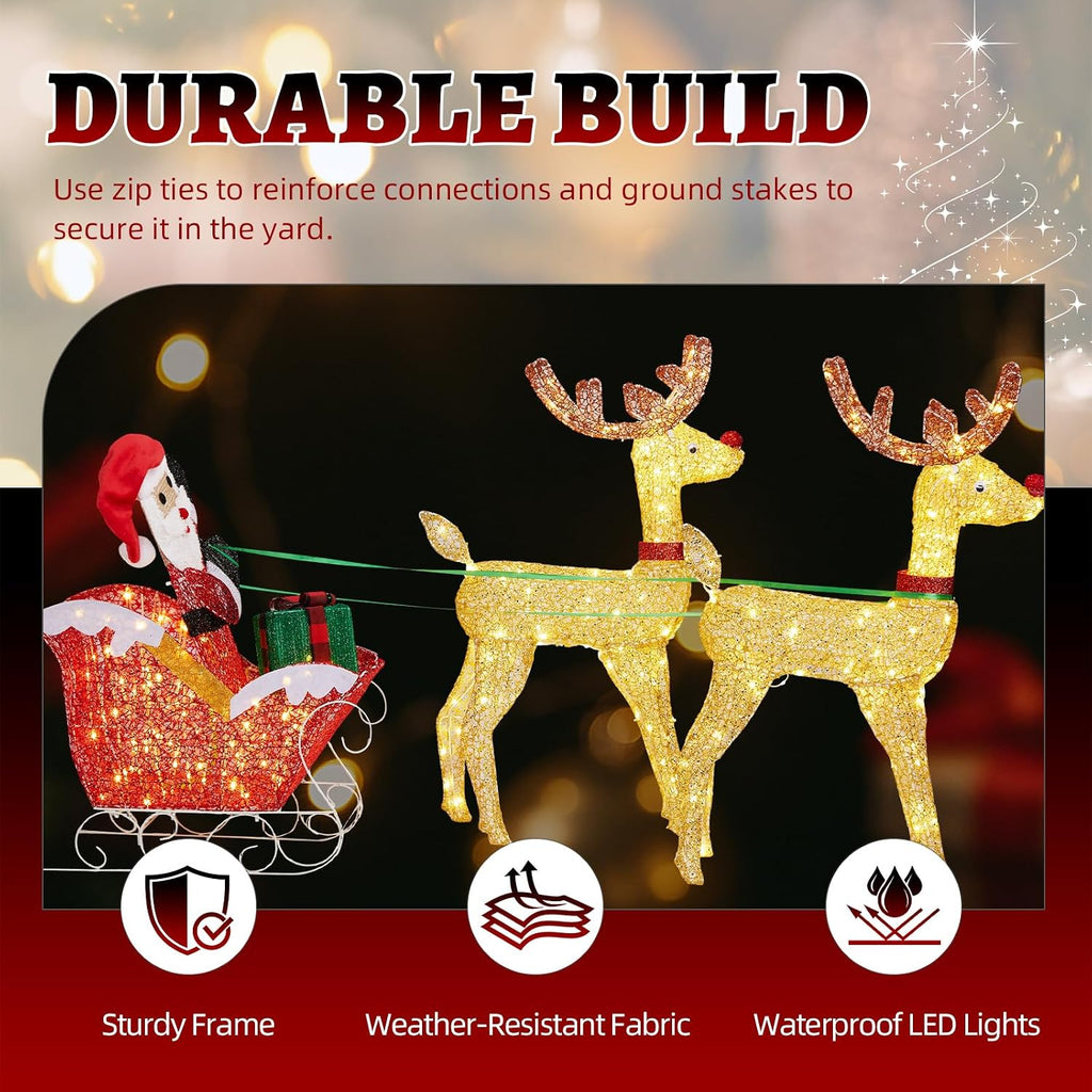 Christmas Lighted Reindeers with Santa Claus Sleigh Set 3FT, 270 LEDs 30V