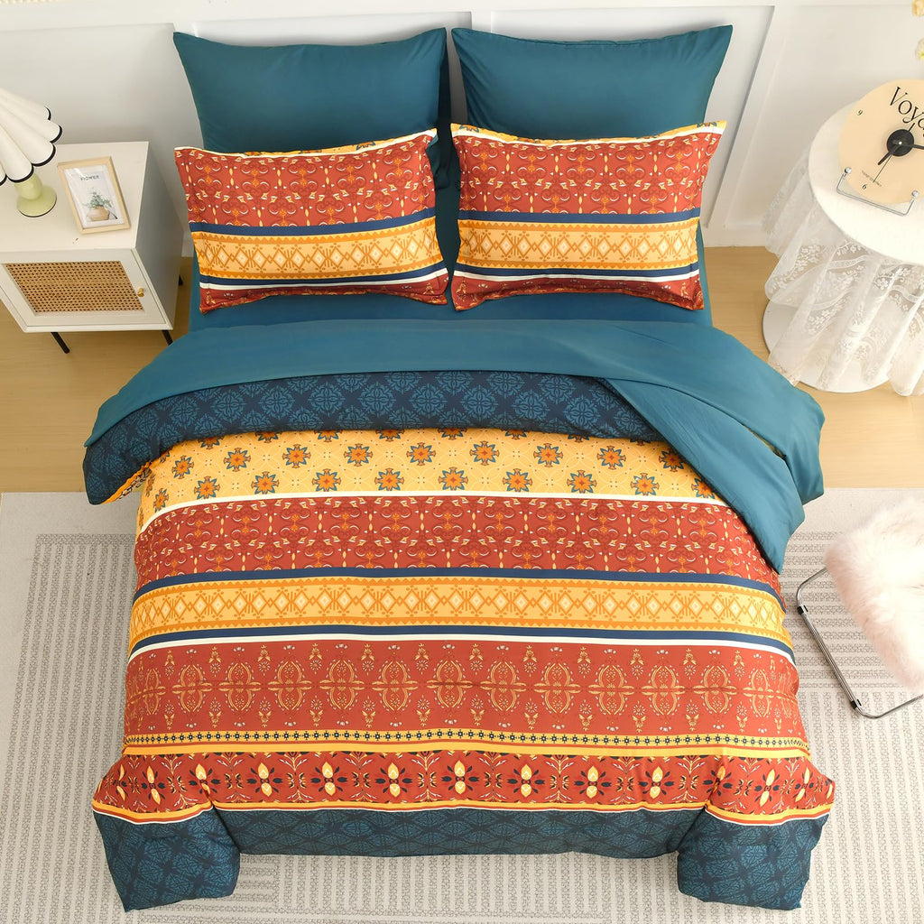 Boho Comforter Set Queen Size, Burnt Orange Fall Bedding