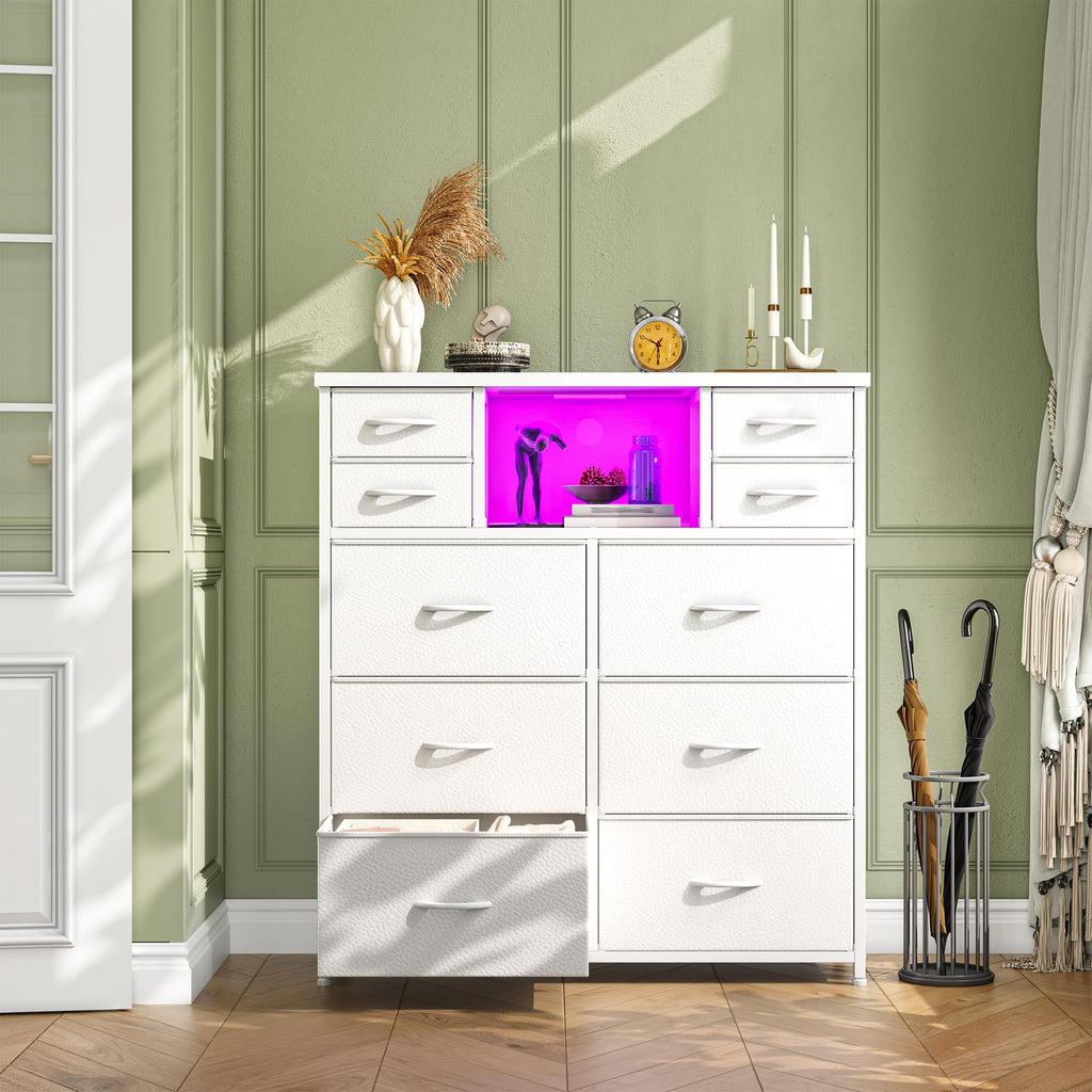 10-Drawer Tall, LED & Charging Station, White