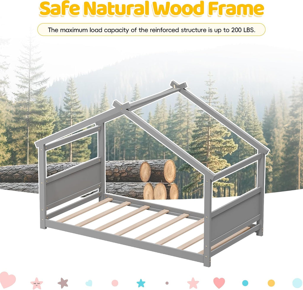 House Bed, Montessori Floor Bed for Toddlers, Wooden Kids Floor Bed Frame with Roof, Low Toddler House Bed for Boys