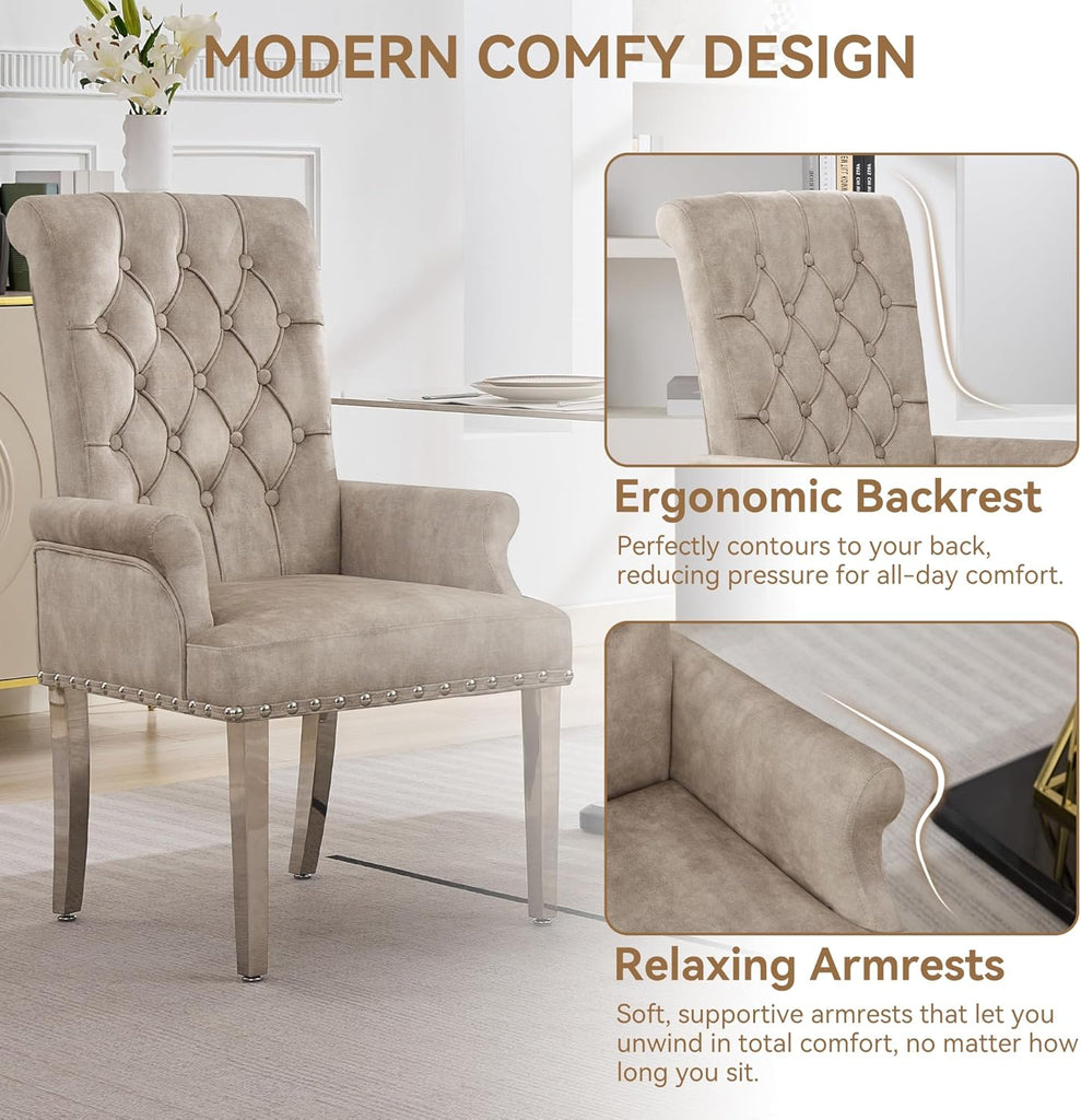 Velvet Dining Chair with Arms, Upholstered Tufted High Back Dining Room Chairs
