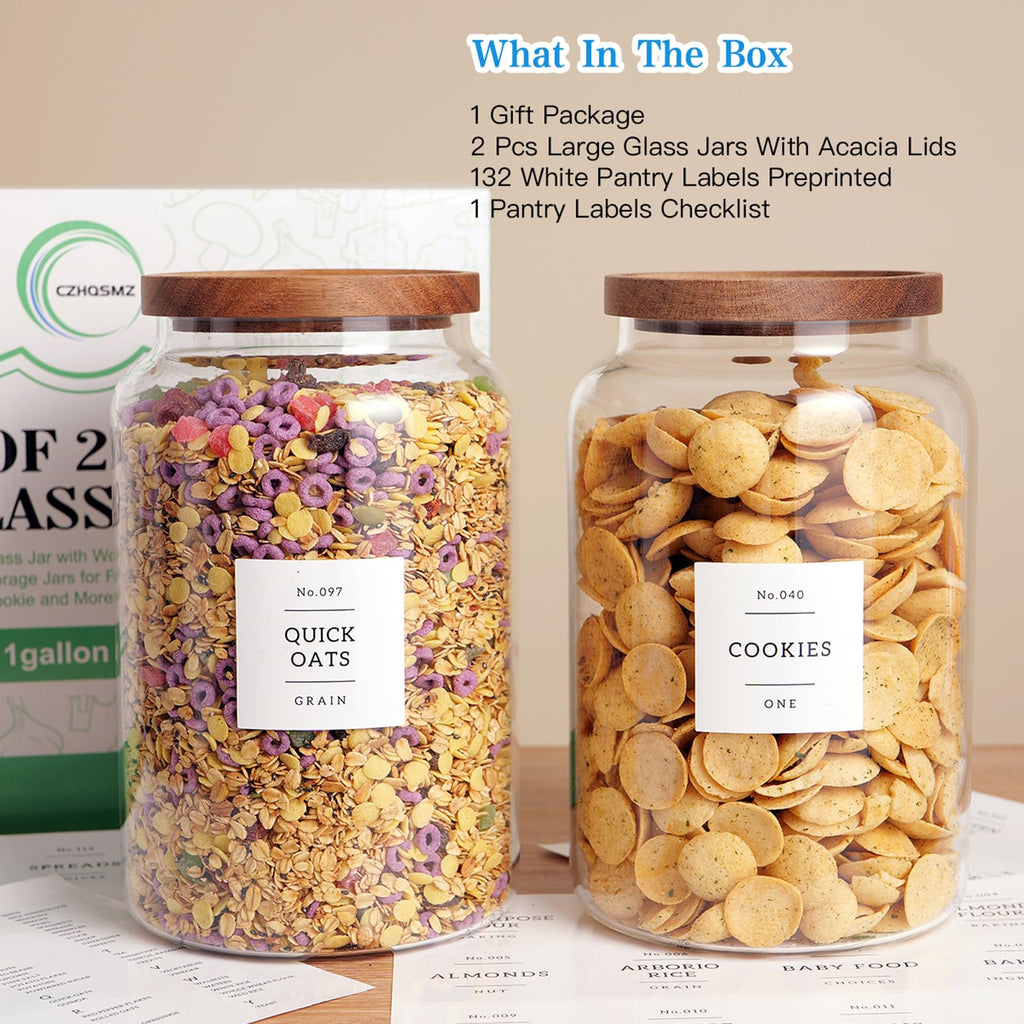 Set of 2 Large Glass Flour and Sugar Containers with 132 Pantry Labels - Glass Food Storage Jars with Airtight Bamboo