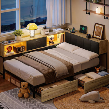 Twin Corner Bed Frame with 2 Storage Drawers, LED Lights & Charging Station, Storage Upholstered Headboard, Sturdy