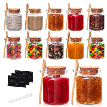 10 oz Small Glass Storage Jars with Cork Lids and Spoons, 12 Pack