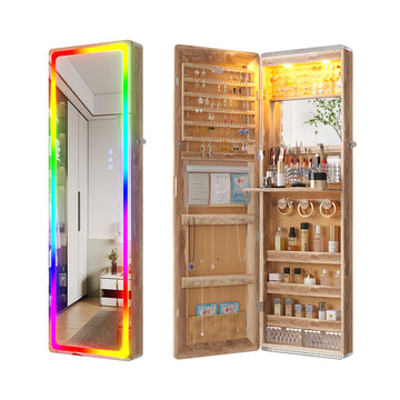 Over the Door Jewelry Organizer with LED RGB Lights, 47.2" Full Length Mirror with Storage, Wall Mounted Jewelry