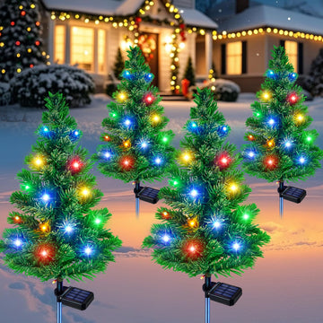 Solar Christmas Tree, 4 Pack Pre-Lit Garden Stake Lights Outdoor Decor