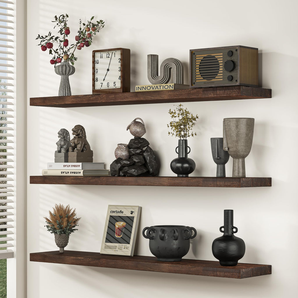 Floating Shelves for Wall, 8" Deep Solid Elm Wood Wall Mounted Shelves with Invisible Bracket, Farmhouse Wooden Shelf