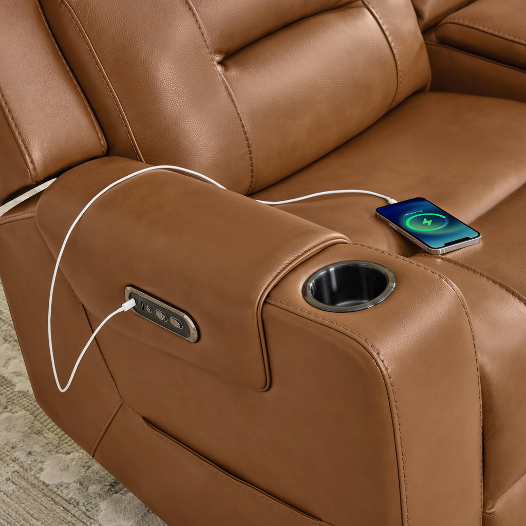 Genuine Leather Power Reclining Sofa & Loveseat Set, Saddle