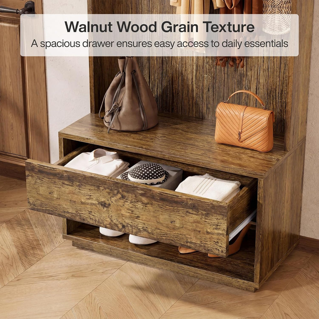 Hall Tree with Bench and Shoe Storage, Entryway Coat Rack with Shoe Bench and Drawer, 5 Hooks, Freestanding Hall Tree