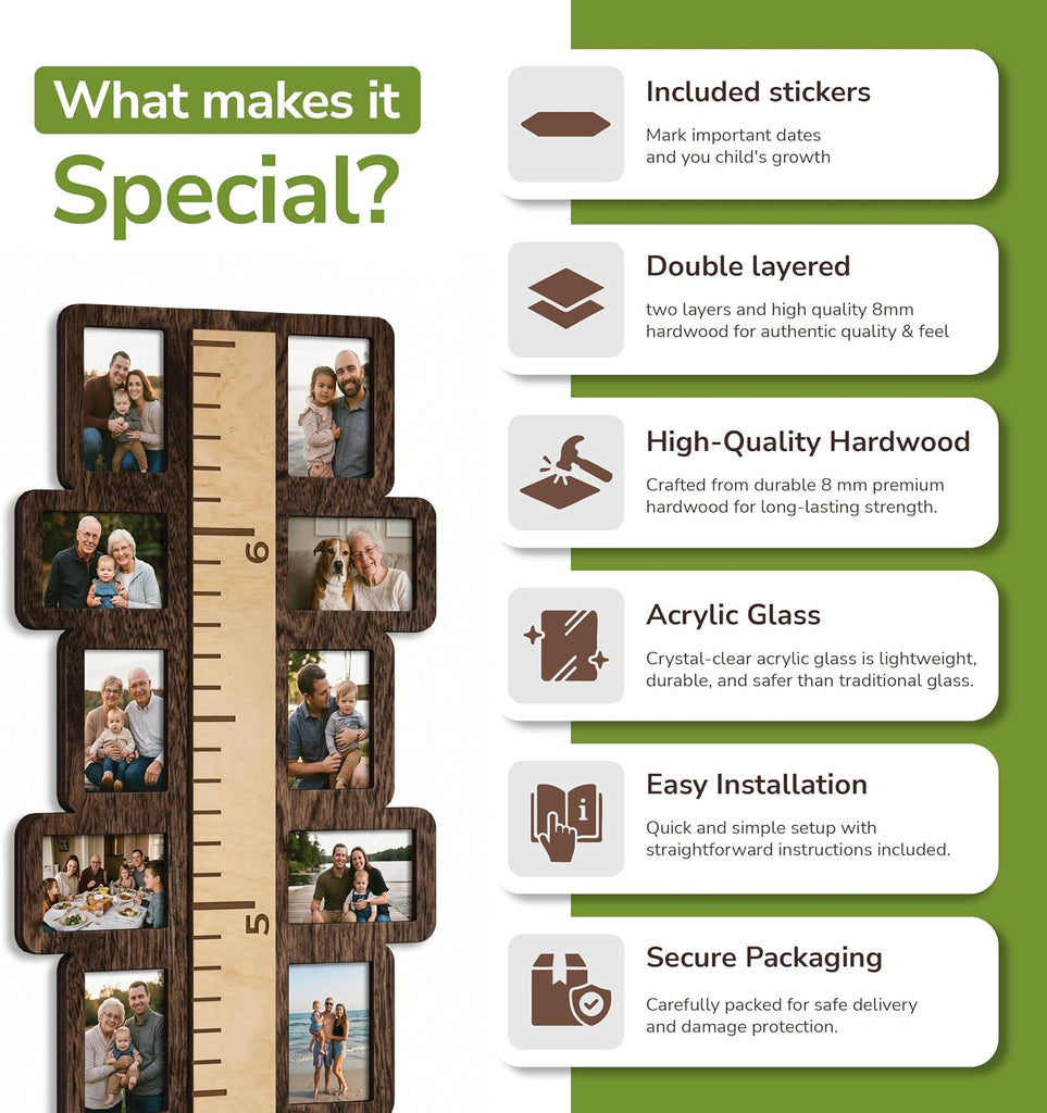 Wooden Growth Chart for Kids with 22 3.5"x5" Photo Frames, 58x15 Inch Height Chart for Wall, Inch Measurement Ruler