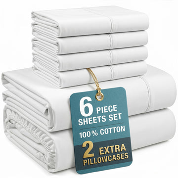 Sheets Set -100% Cotton Sheets with 4 Pillowcases, Lightweight Feel & Secure Fit, Crisp & Breathable
