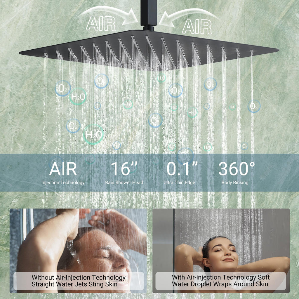 Thermostatic Dual Shower Head System with 6 Body Jets, 6-Inch Shower Head & 16" Rainfall Shower, Luxury Matte Black