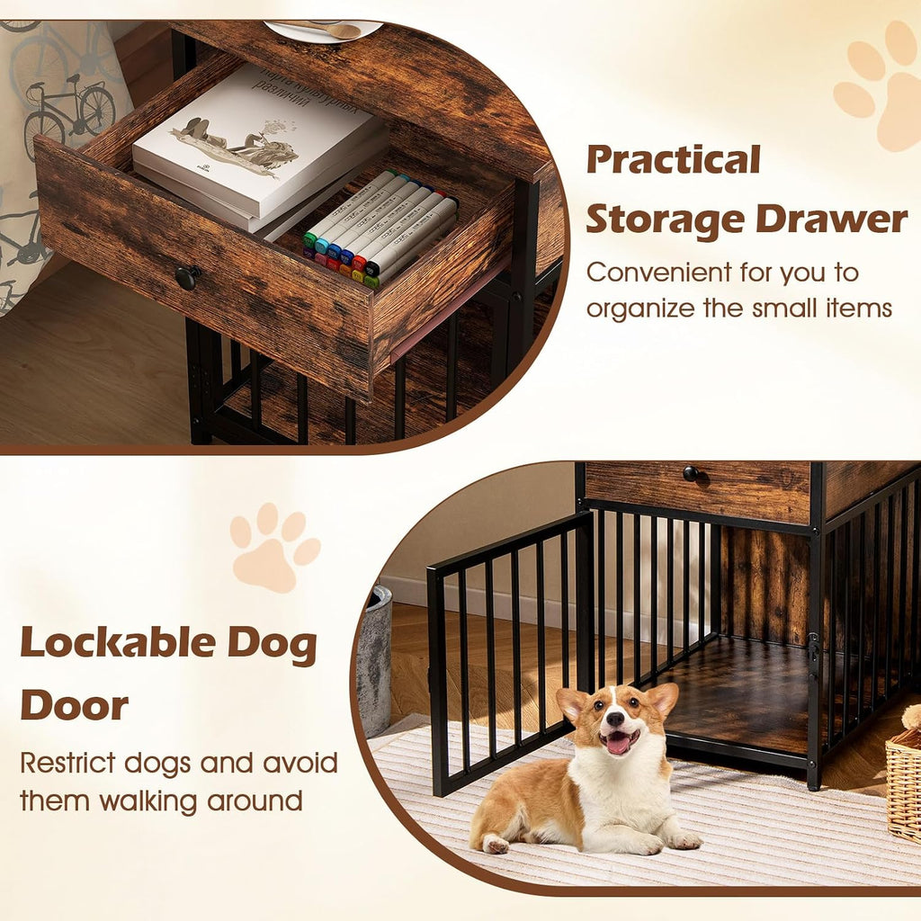Industrial Dog Crate Furniture with Charging Station, Wooden Dog Kennel with Drawer and Lockable Door, 2 AC Outlets