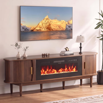 70′′ Fluted Fireplace TV Stand for 80′′ TVs, Entertainment Center with Fluted Sliding Tambour Doors & Adjustable