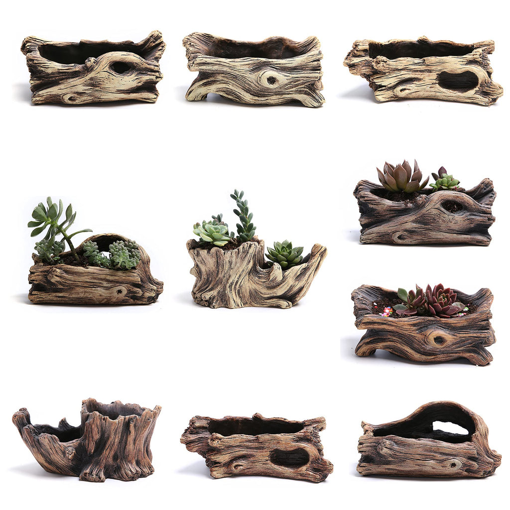 Cement Driftwood Planter Pots Imitation Stump Log Concrete Flower Succulent Pot/Container (8.3" L x 4.7" W x 3.5"