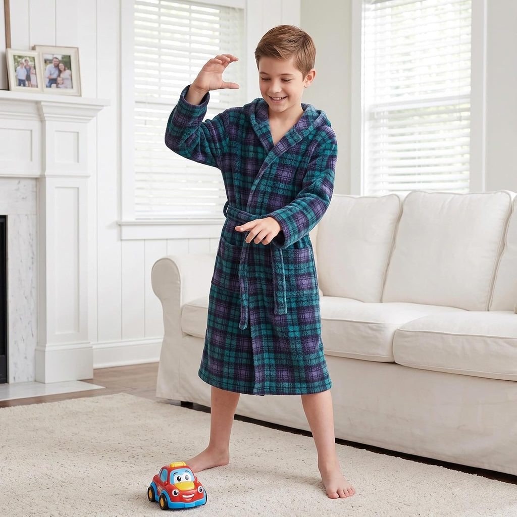 Boys Fleece Hooded Robe, Soft Print Bathrobe Kids 5-14(Green Plaid9-10)