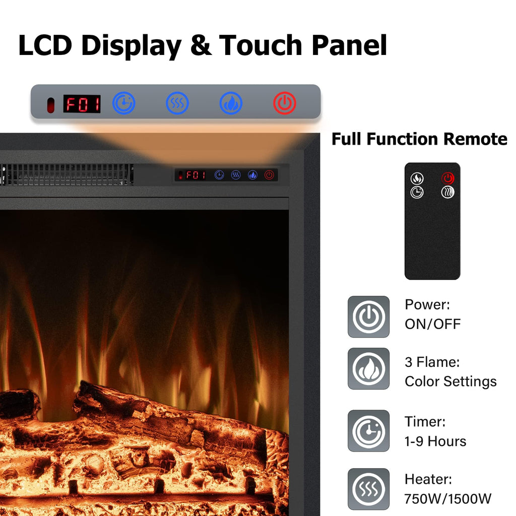 30" Width Electric Fireplace Inserts with Adjustable Flame Colors, Fireplace Heater with Touch Screen & Remote