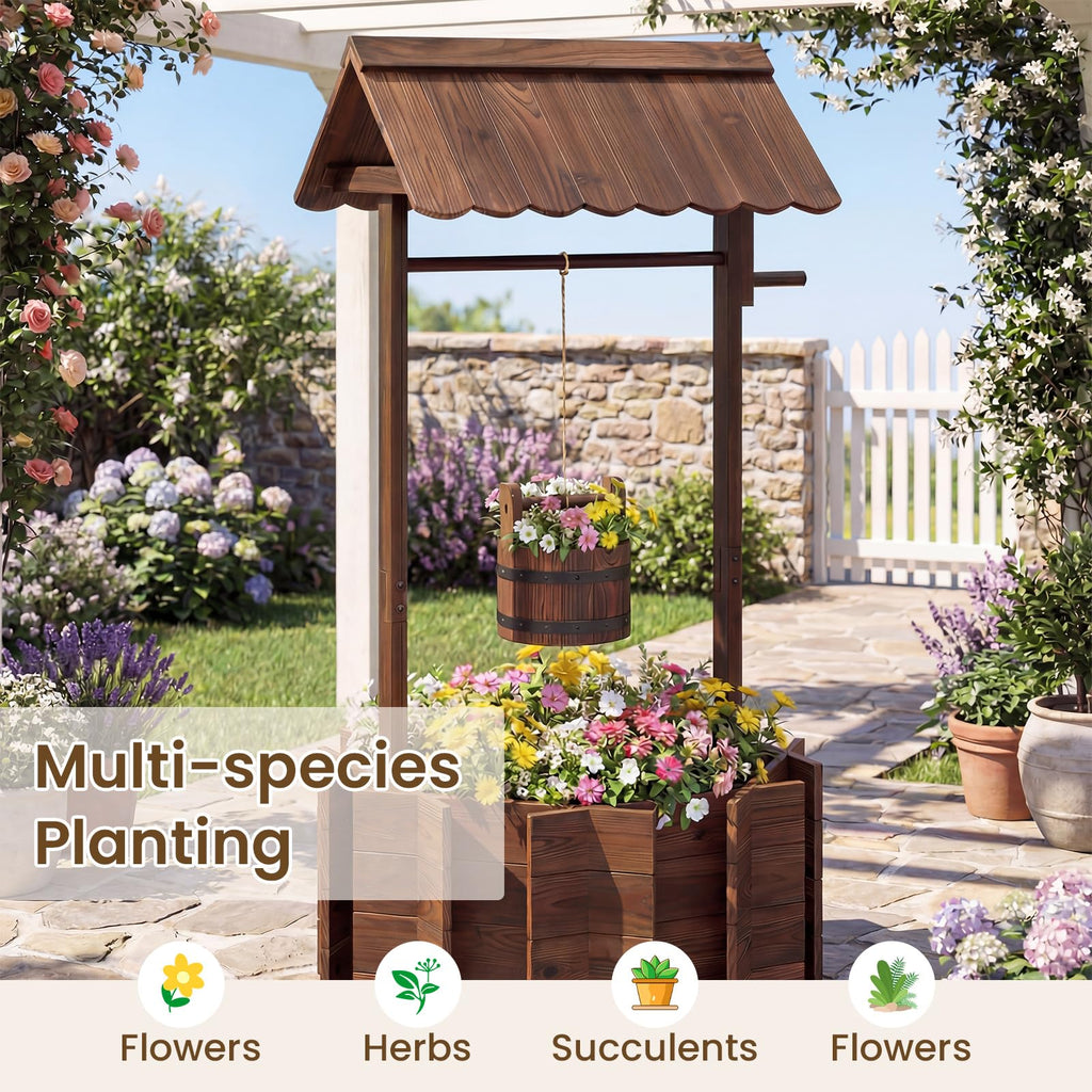 Wooden Wishing Well Outdoor, Wishing Well Planter with Hanging Bucket, Outside Rustic Decorations for Garden Yard &