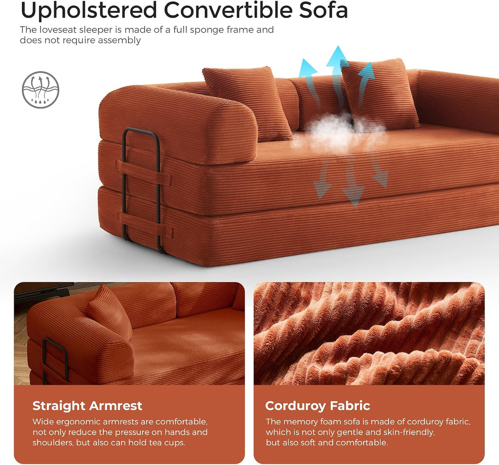 79" Convertible Futon Sofa Bed, Boneless Couch | Orange | Folding Corduroy Boneless Sleeper Sofa, Modular Futon Couch