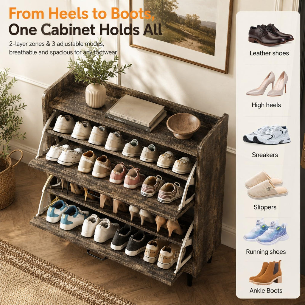 Shoe Storage Cabinet with 2 Flip Drawers, Ultra Slim Freestanding Entryway Shoe Organizer with Wood Tapered