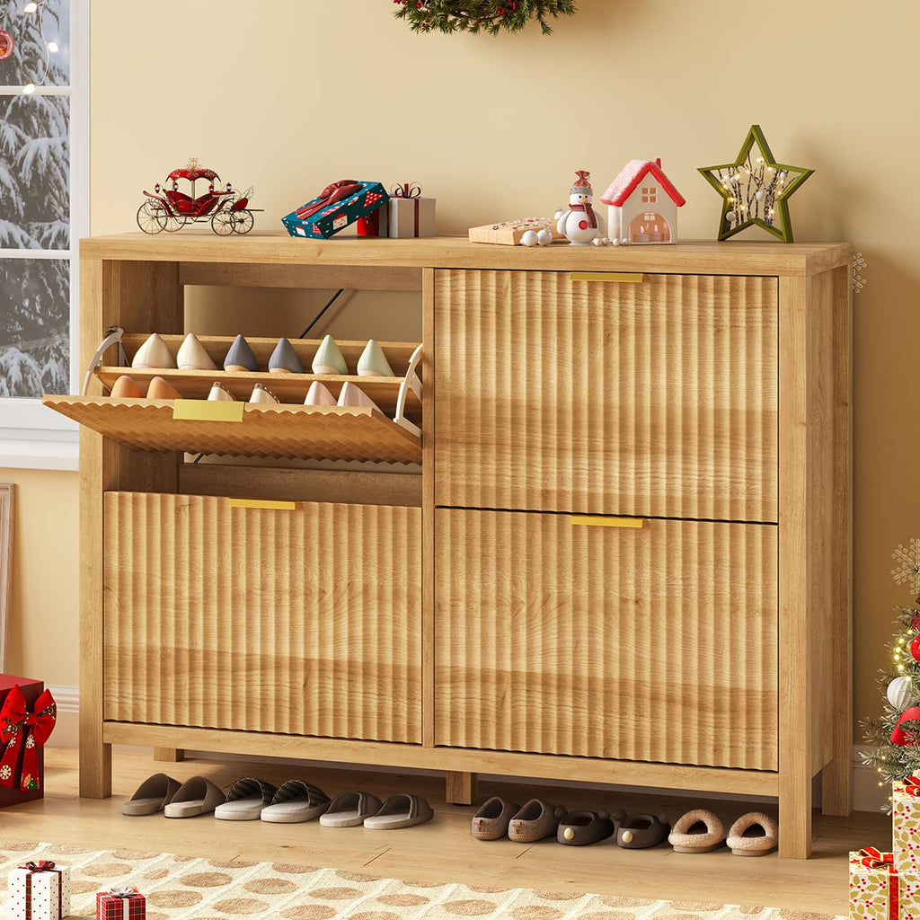 47" Fluted Shoe Cabinet Stoarge with 4 Flip Drawers