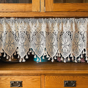 Boho Valance Farmhouse Crochet Curtain Tier Beige Cotton Lace 47x15 Inch