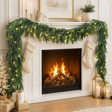9FT Christmas Norfolk Pine Pre-Lit Garland with 70 LED Lights Real Touch Prelit Garland Christmas Greenery Garlands