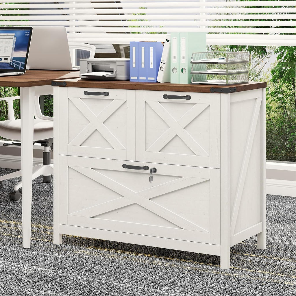 Lateral File Cabinet, Farmhouse Filing Cabinet, Rustic White | 3 Drawer File Cabinet with Lock for Letter/A4/Legal