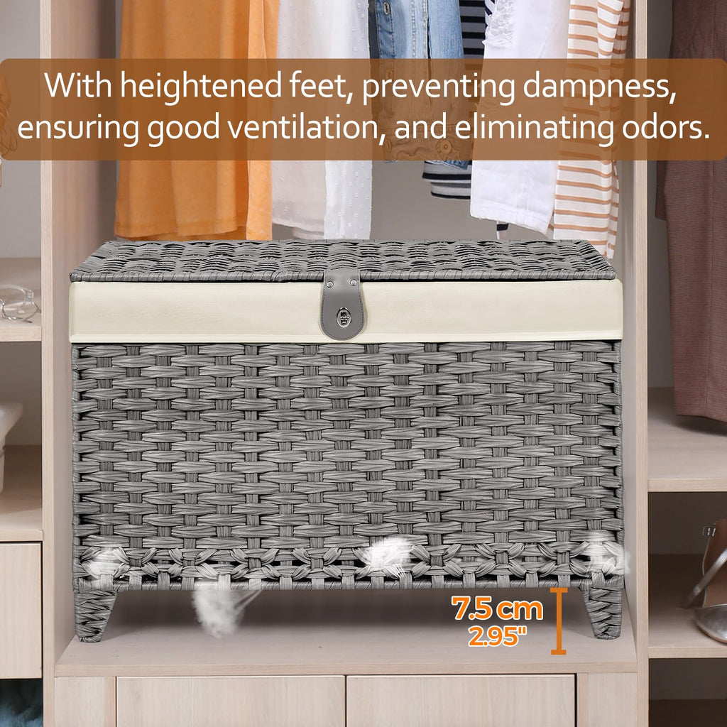 Wicker Storage Basket with Lid, 200L Storage Bin with Removable Liner Bag