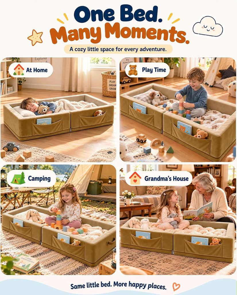 Toddler Portable Travel Bed - Foldable & Washable Floor Bed, Beige