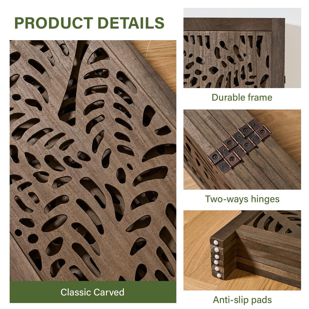 Leaf-Carved Room Divider Privacy Screen - 67 Inch Tall Foading Decorative Wood Screen Dividers Panel - Natural Wood