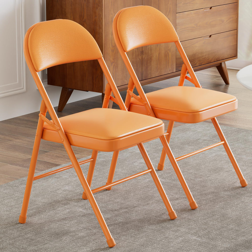 Folding Chairs Set of 2, Faux Leather Padded, Orange