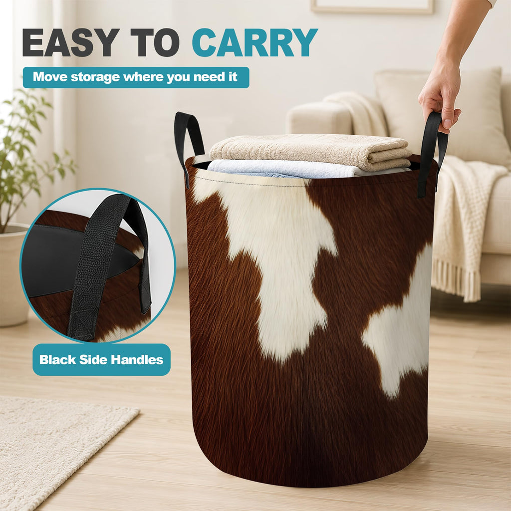 Laundry Hamper, Cowhide Western Collapsible Laundry Basket with Handles, Farmhouse Brown Waterproof Oxford Cloth