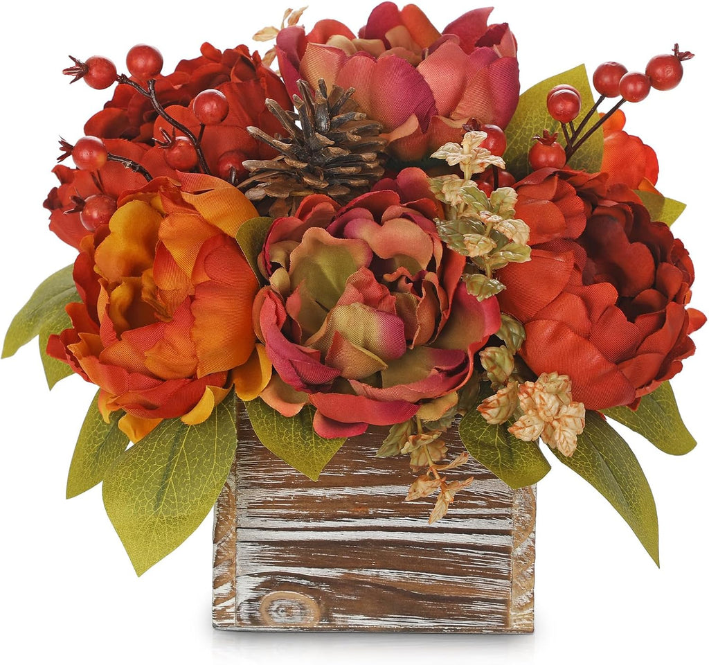 Fall Peonies Artificial Flowers Arrangements In Rustic Square Wooden Box