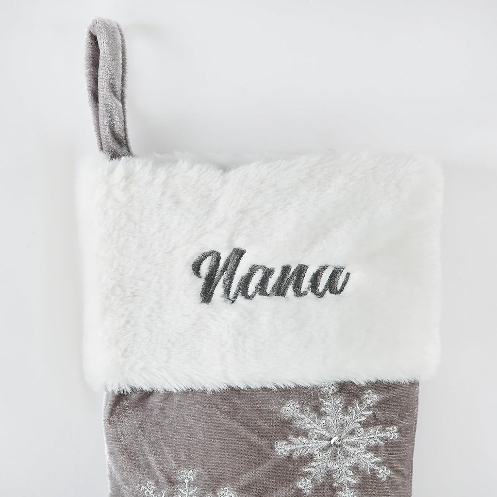 Gray & Silver Snowflake Stocking with Faux Fur Cuff (Free Customization), Luxury Christmas Stocking with Embroidered