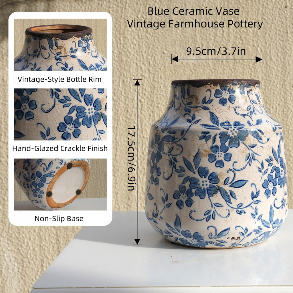 Blue and White Ceramic Vase, Decorative Pottery Flower Vase for Tulips, Vintage Crackle Glaze Vase for French