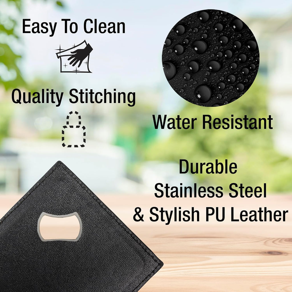 Dual Function Coasters with Built-in Bottle Opener, Stainless Steel & PU Leather Drink Coasters for Tabletop - Set of 4