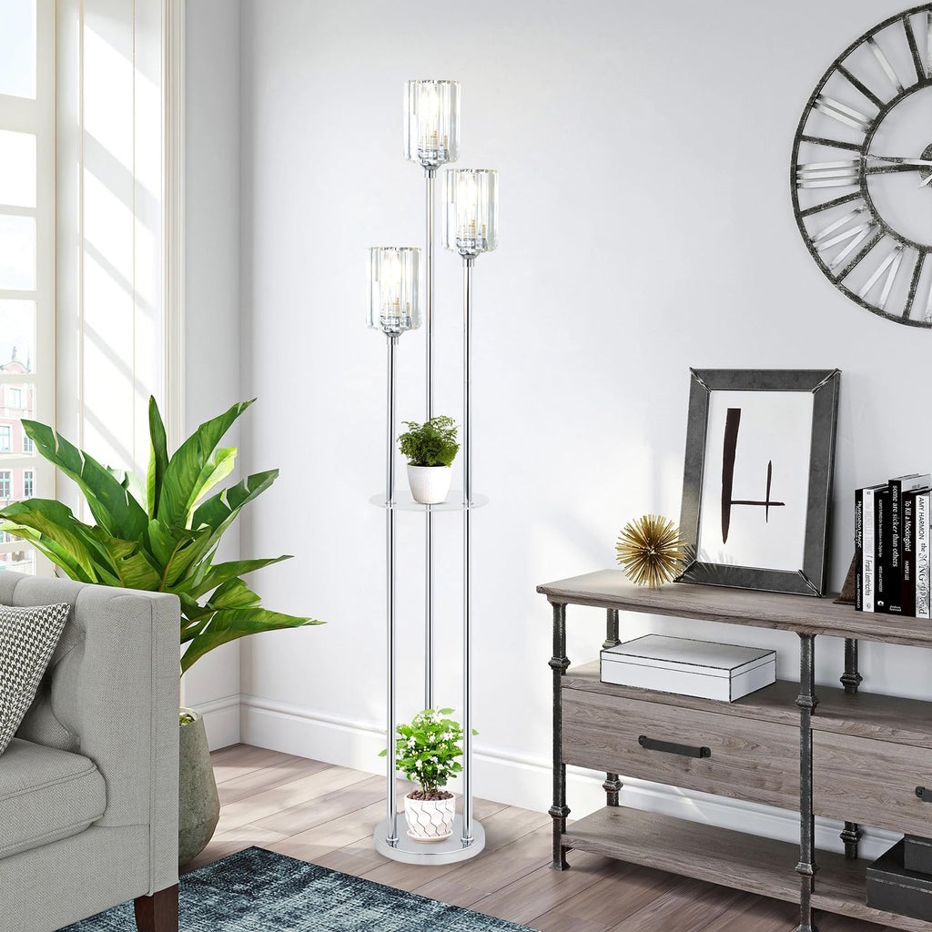 Crystal Floor Lamps, Modern Floor Lamp with Shelves, 3-Lights Standing Lamp with Crystal Shade, On/Off Foot Switch