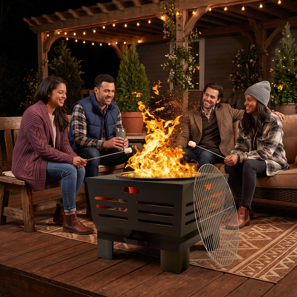 24" Heavy Duty Fire Pit with BBQ Grill, Ash Pan Drawer & Poker