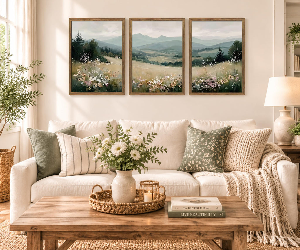 Minimalist Mountain Triptych Wall Art Set of 3, Foggy Wildflower Canvas