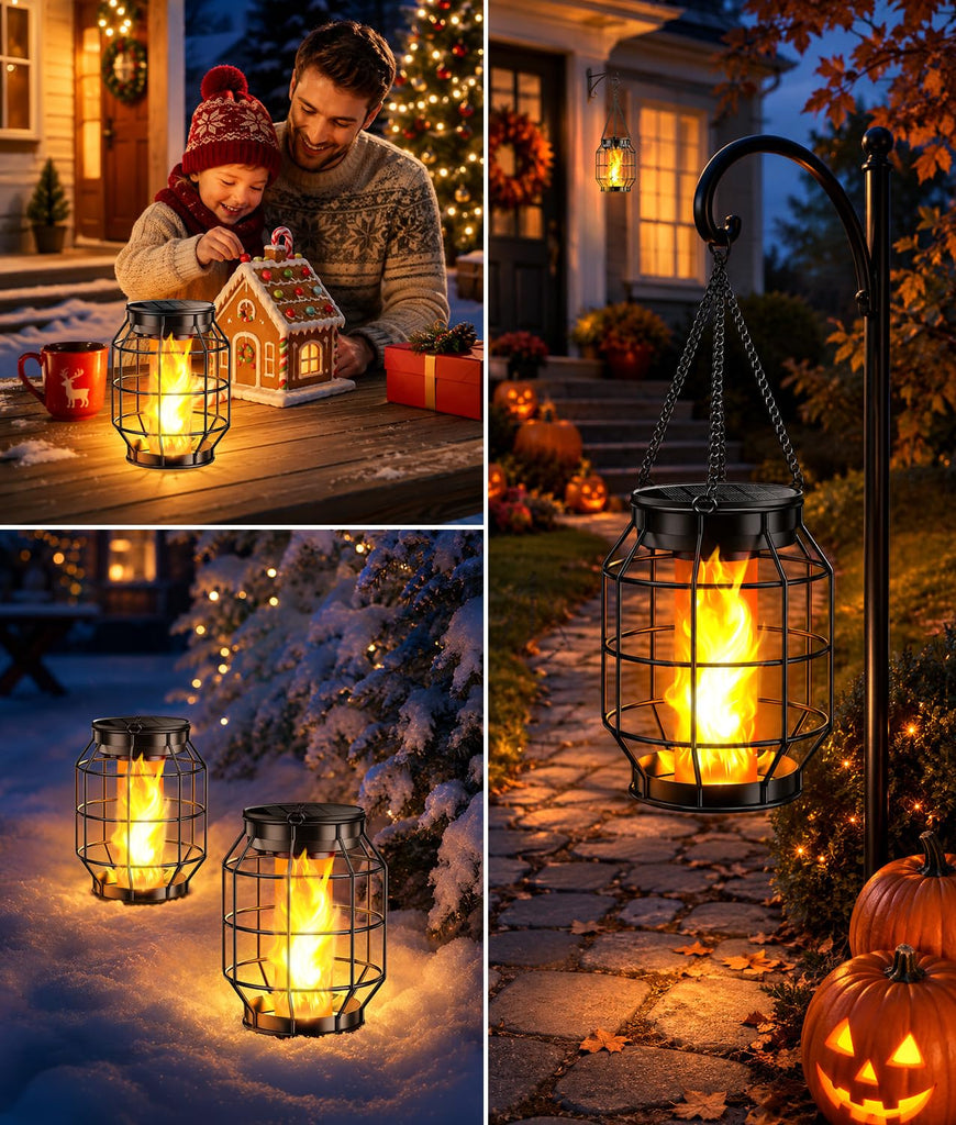 Solar Lanterns Outdoor Waterproof, 4 Pack Upgraded Flickering Flame Hanging Solar Lights Outdoor Decorative, Metal