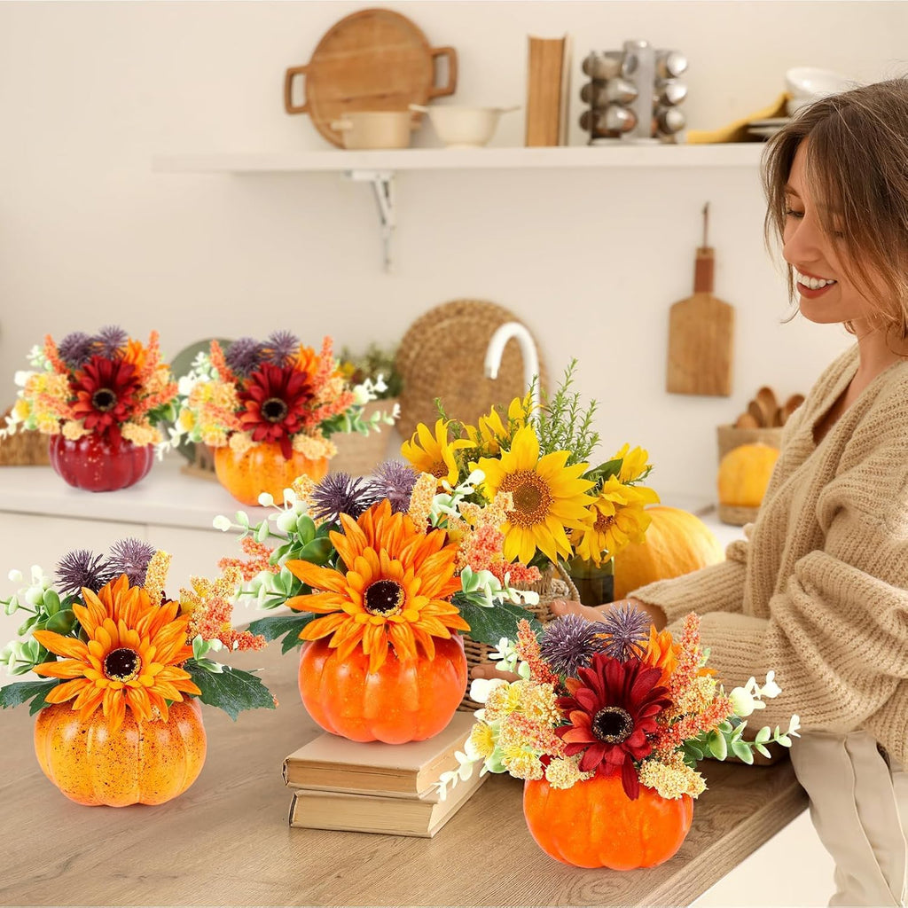 Mini Fall Pumpkin with Artificial Flower Decorations Thanksgiving Sunflower Centerpieces for Tables Harvest - Set of 6