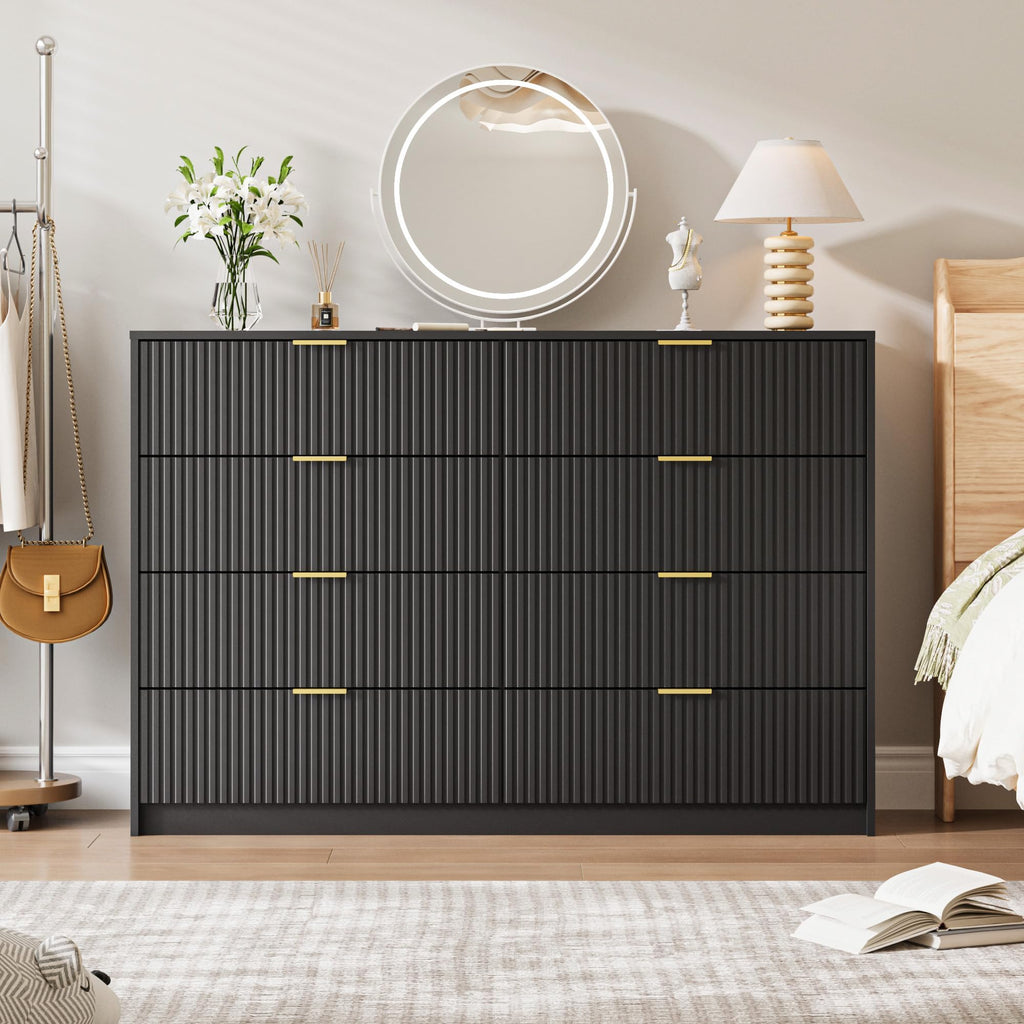 55" Wide Fluted 8-Drawer Double Dresser, Black