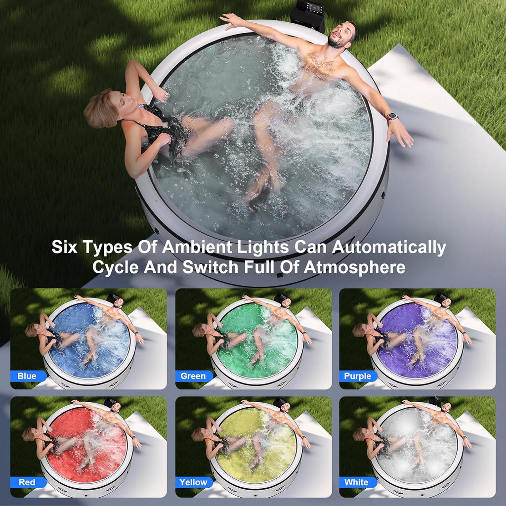 4-6 Person Round Inflatable Hot Tub, Portable Outdoor Spa with Max 104 °F Thermostatic Heating, Auto Inflation, 6 LED