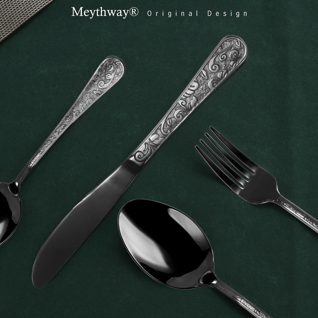 40-Piece Vintage Carved Black Silverware Set for 8, Stainless Steel Flatware Set with Knife/Fork/Spoon, Cutlery Set