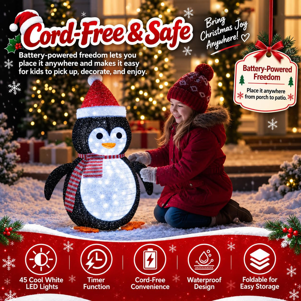27.5-Inch Lighted Christmas Penguin for Outdoor Christmas Decorations, Pop-Up Penguin Yard Decor with 45 Cool White