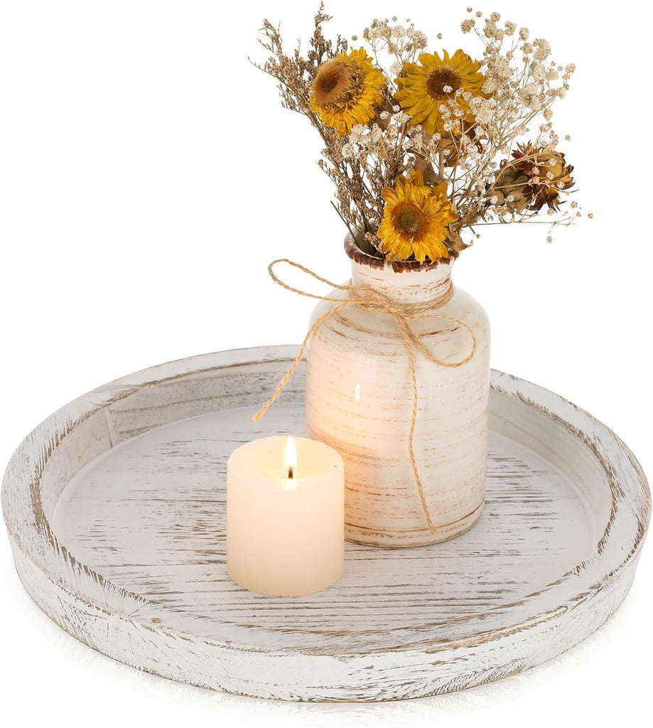 Rustic Wooden Tray Candle Holder - Round Wood Decorative Pillar Candle Tray for Coffee Table Farmhouse Kitchen