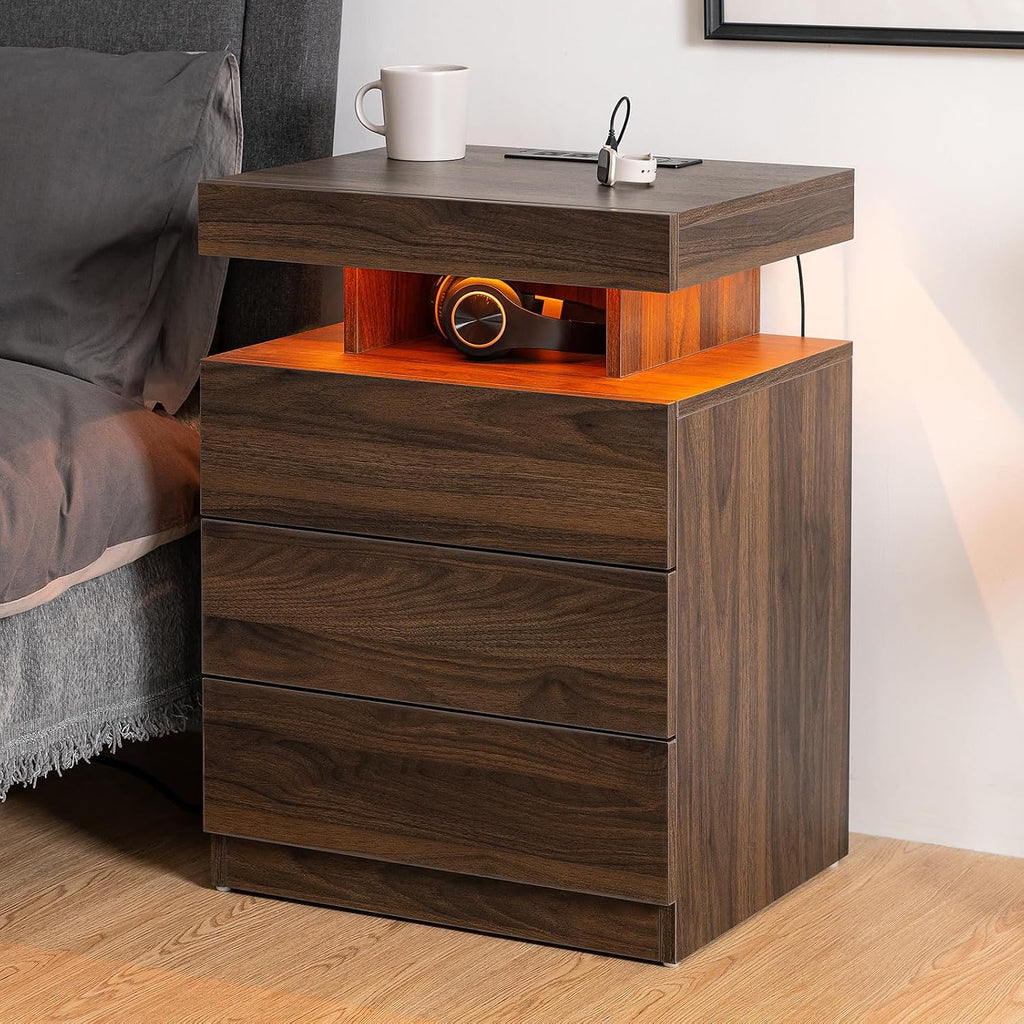 Rustic Brown Nightstand with Wireless Charging Station Walnut Wood LED Bedside Table with 3 Drawers End Table Smart