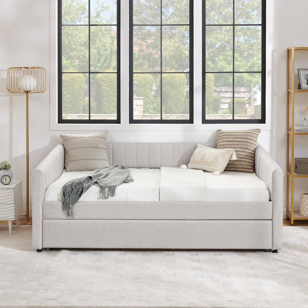 Daybed with Trundle, Modern Linen Full Size Day Bed with Pull Out Trundle Bed, Upholstered Sofa Bed with Stripes